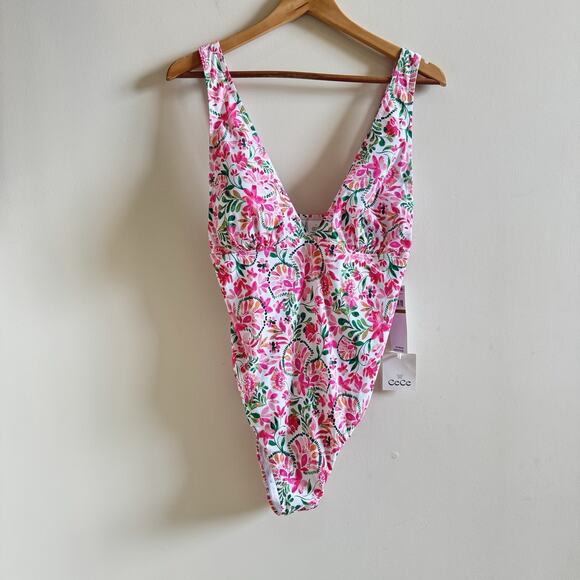 NWT Cece One piece Swimsuit Women's 14 Floral Pink Romantic Ruching Square Back - Picture 1 of 16